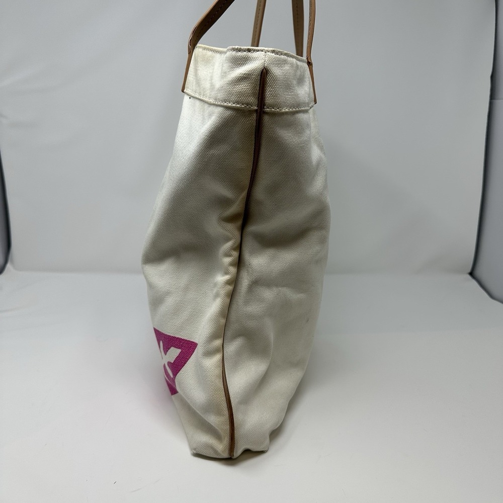 👜💕 Tory Burch Large Tote Off-White Canvas Vibrant Pink Lorenzo Bird Motif Bag - Picture 6 of 8